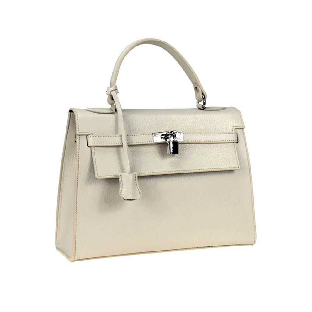 Elegant Beige Italian Leather Handbag Top Handle Bag Structured (Made in Italy)